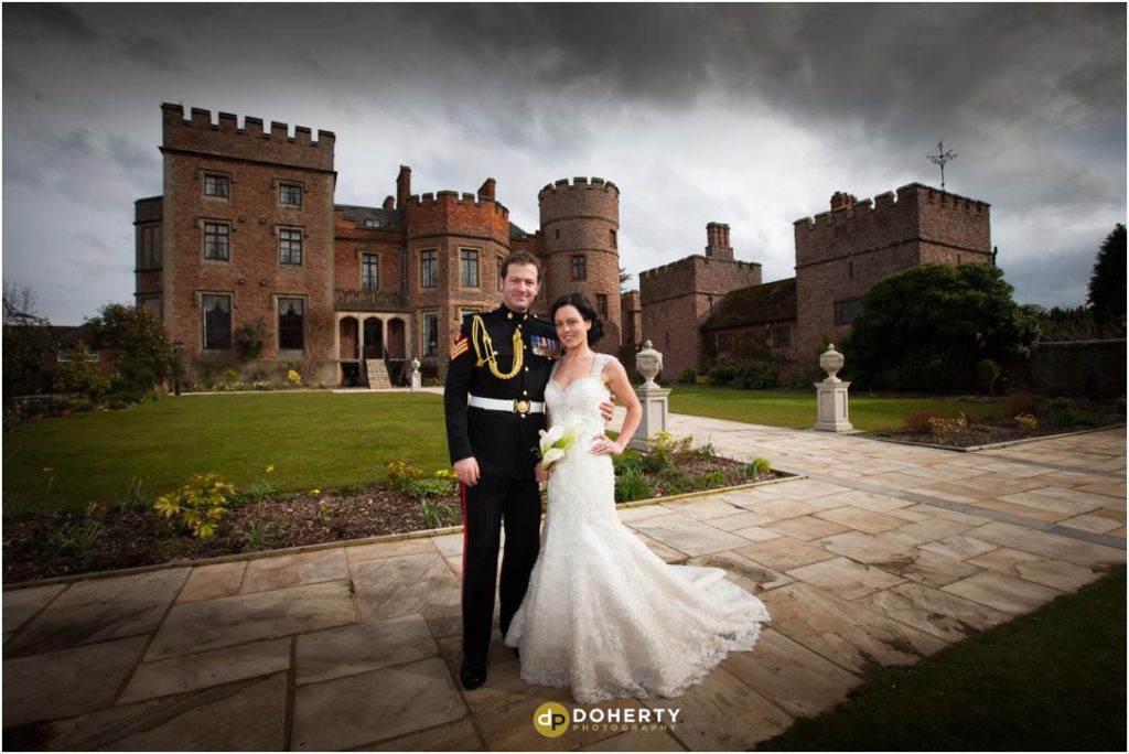 Bride and Groom outside Rowton Castle