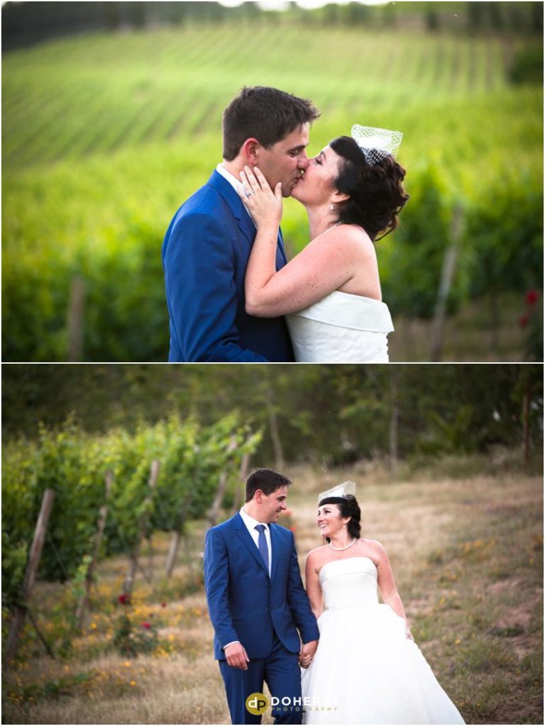 Destination Wedding photography of bride and groom walking in fields - Portugal