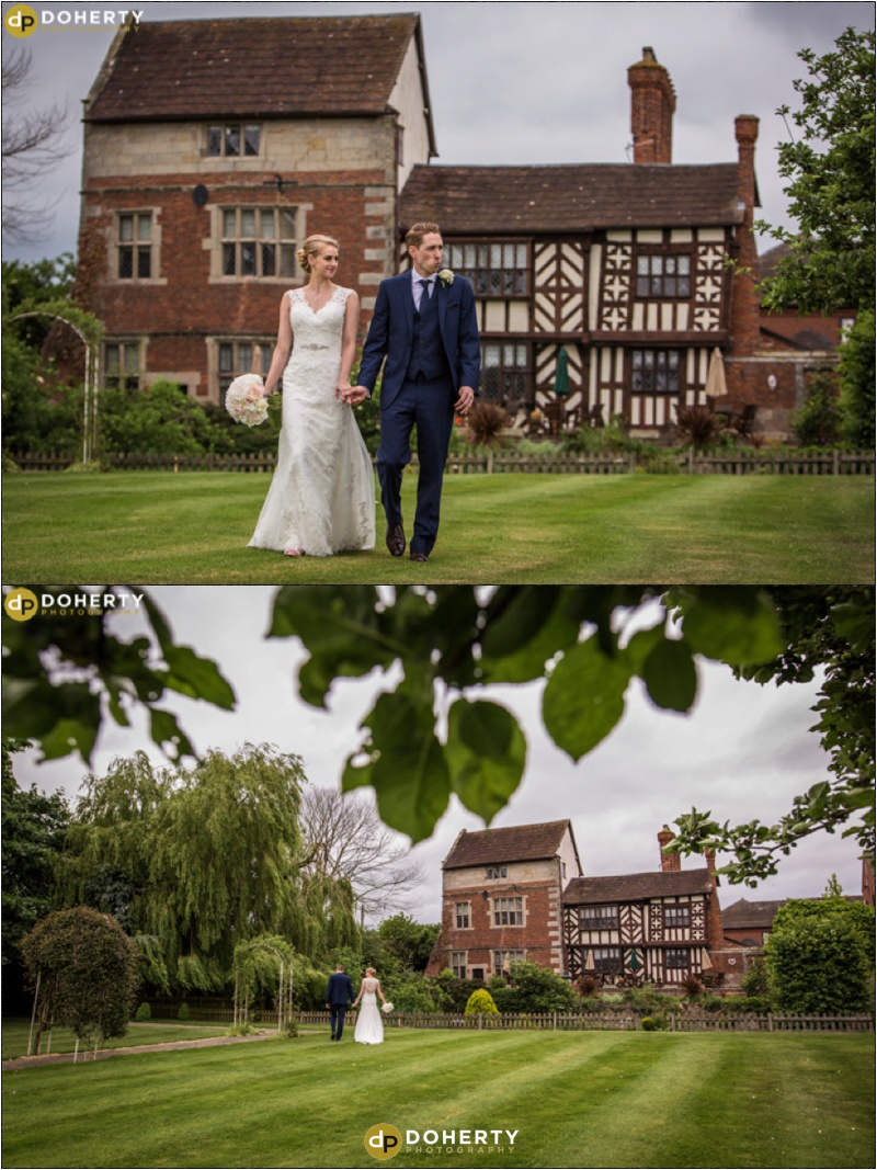 Wedding Bride and Groom in grounds - Albright Hussey Manor