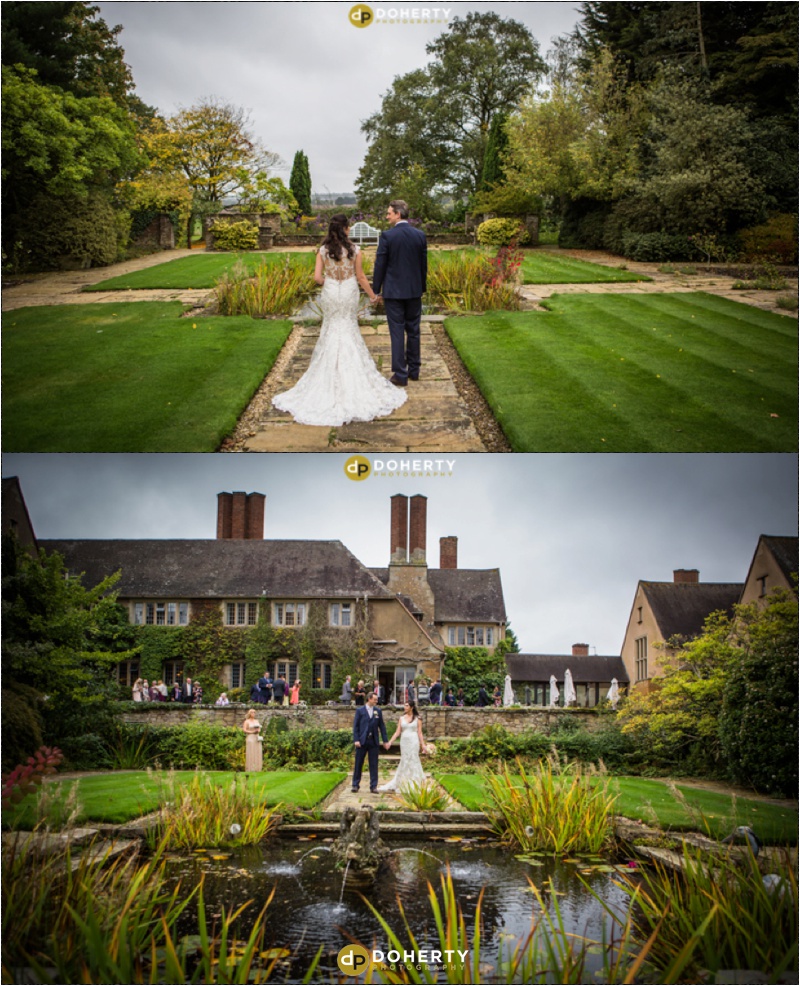 Bride and Groom in gardens at Mallory Court