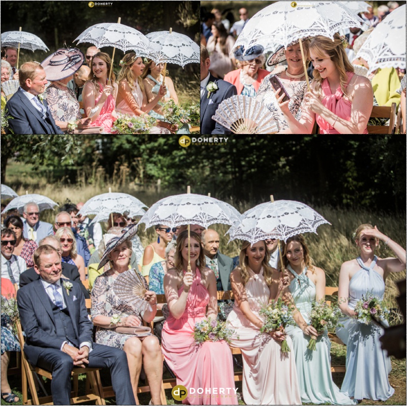Outdoor Wedding with white umbrellas Crockwell Farm