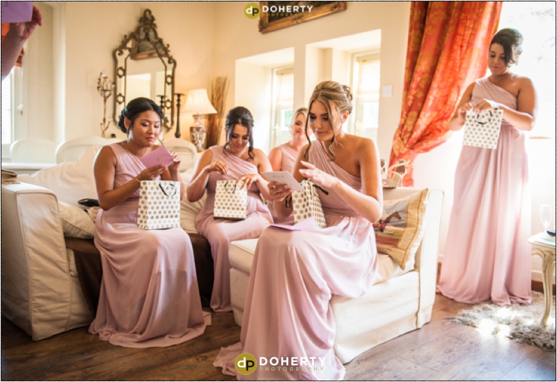 Coombe Abbey Hotel Wedding Bridesmaids with presents