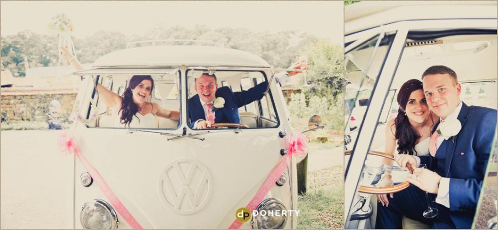 VW Camper van with bride and groom