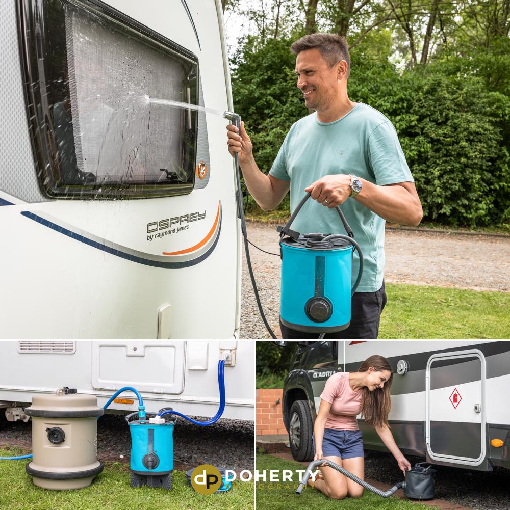 Camping Products - washing windows with bucket and spray - Commercial Photography - Birmingham