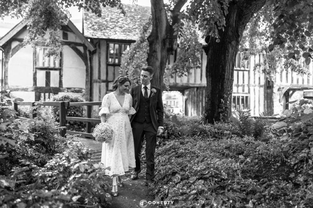 Bride and Groom outside Cheylesmore Manor 